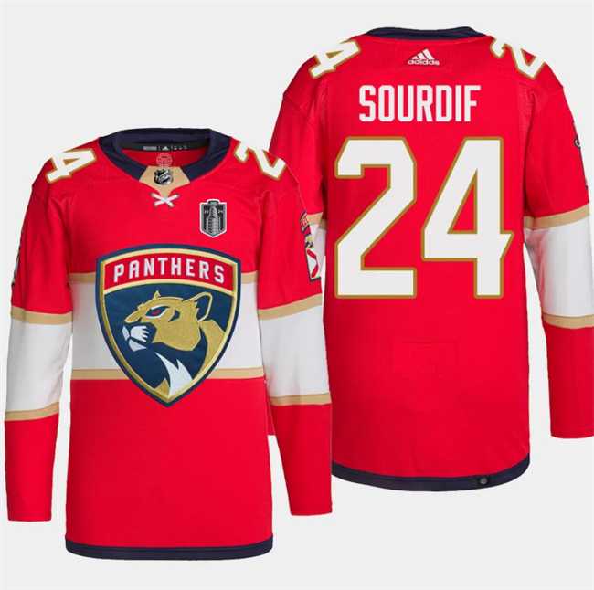 Mens Florida Panthers #24 Justin Sourdif Red 2024 Stanley Cup Final Stitched Jersey Dzhi